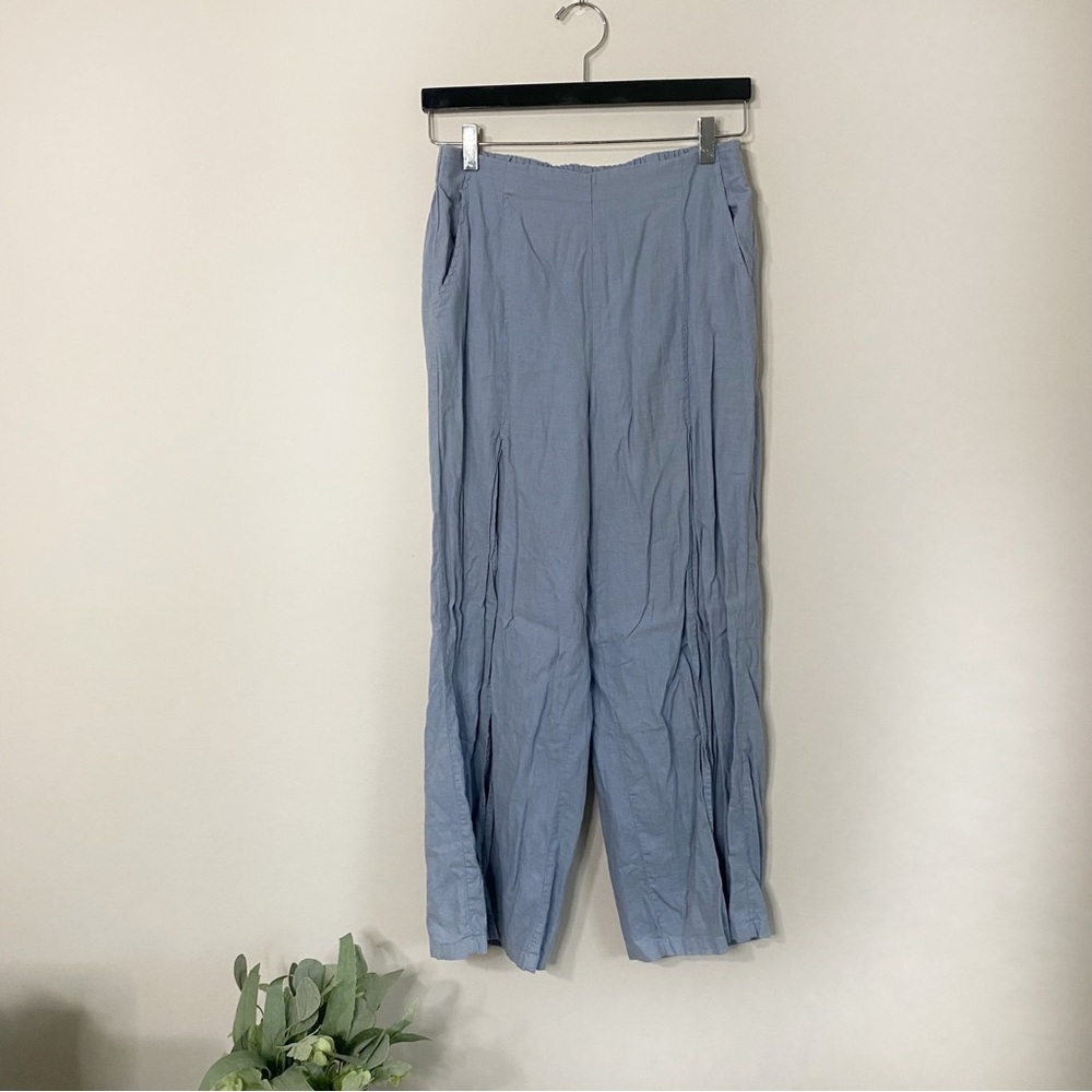 Blue Linen Blend Elastic Waist Pants